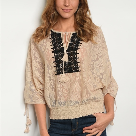 Boho Lace & Crochet Dolman Kimono Sleeve Top - Picture 2 of 6